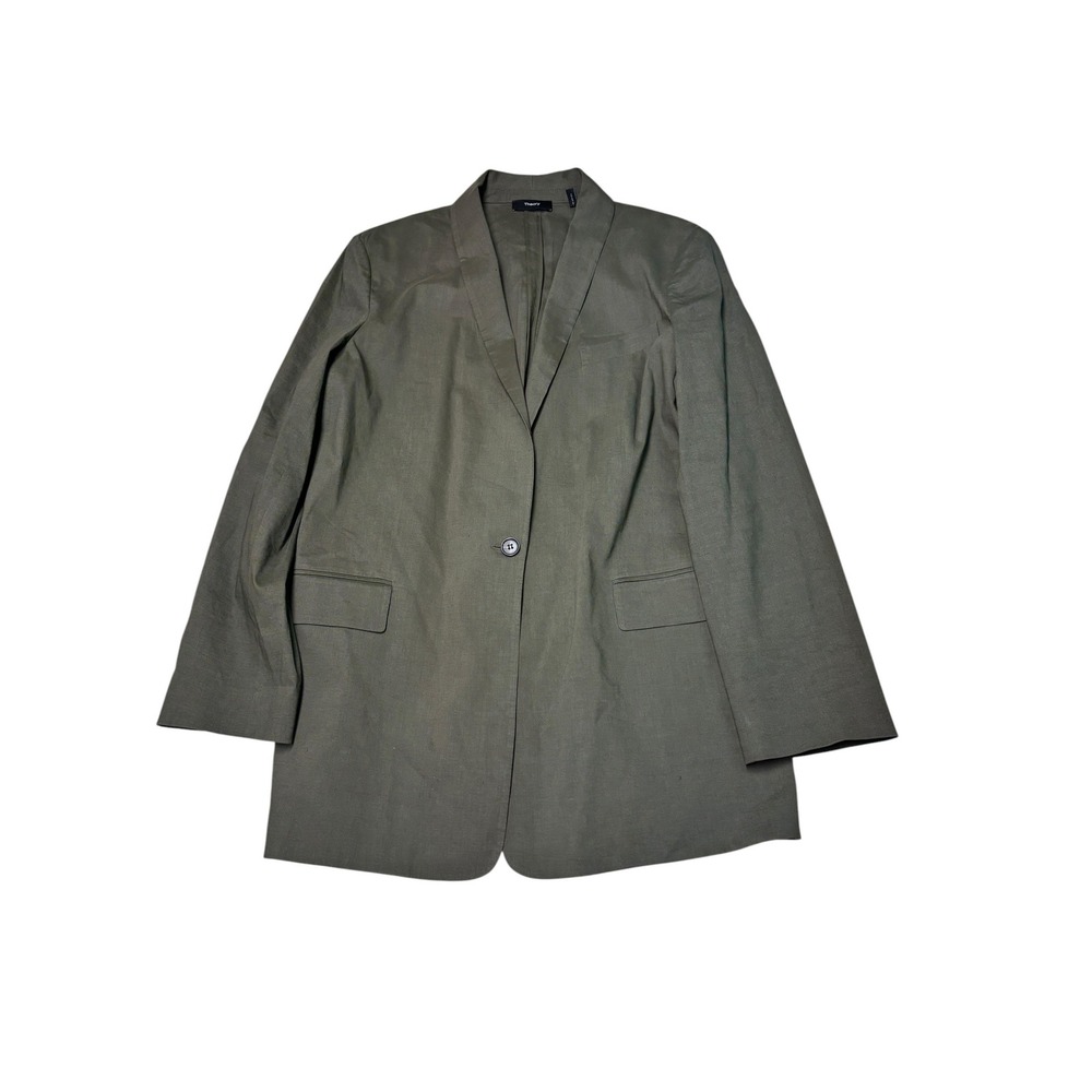 Theory Good Crunch Linen Shawl Collar Blazer Olive Green Womens Size 12 O0203104